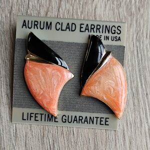 Vintage Aurum Clad Enamel Earrings Pierced Peach / Black 1.5" NEW